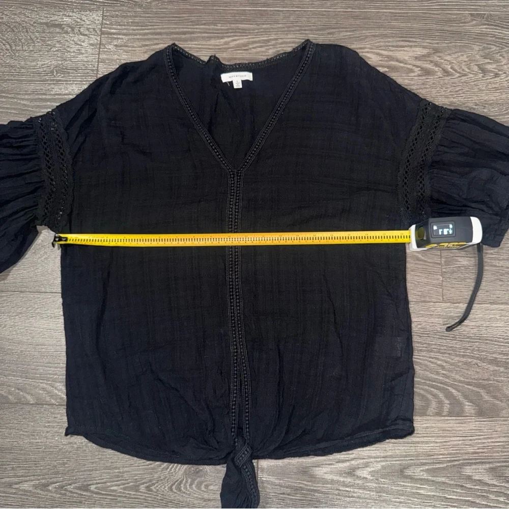 MAX STUDIO‎ L Black Knot Front Top Shirt 3/4 Flared Sleeve Boho Peasant Casual